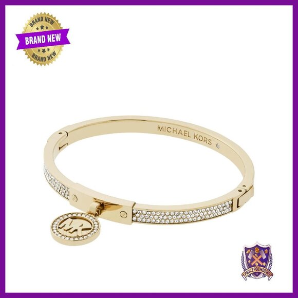 Gold-Tone Stainless Steel Bangle Bracelet with Pavé Accents Hinge Closure
